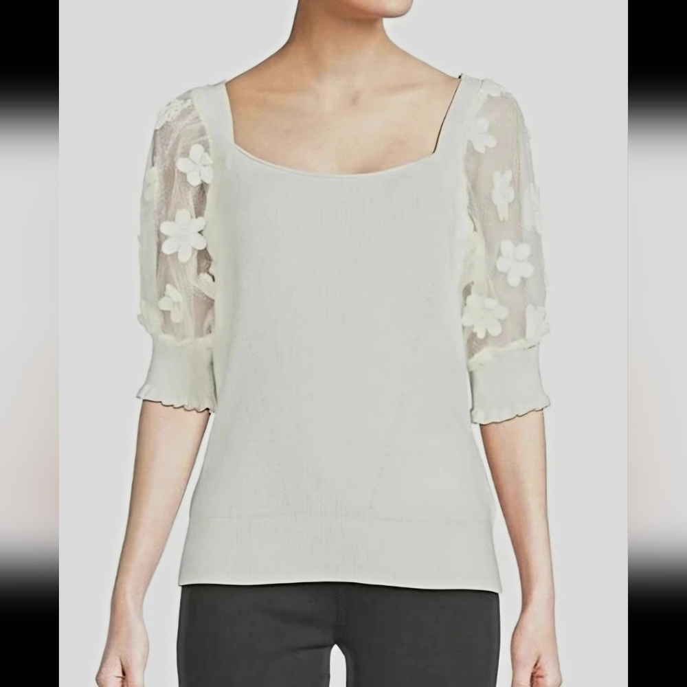 Sioni Milano Ivory Knit Top | Sheer Floral Appliqu Puff Sleeve Blouse. Size L
